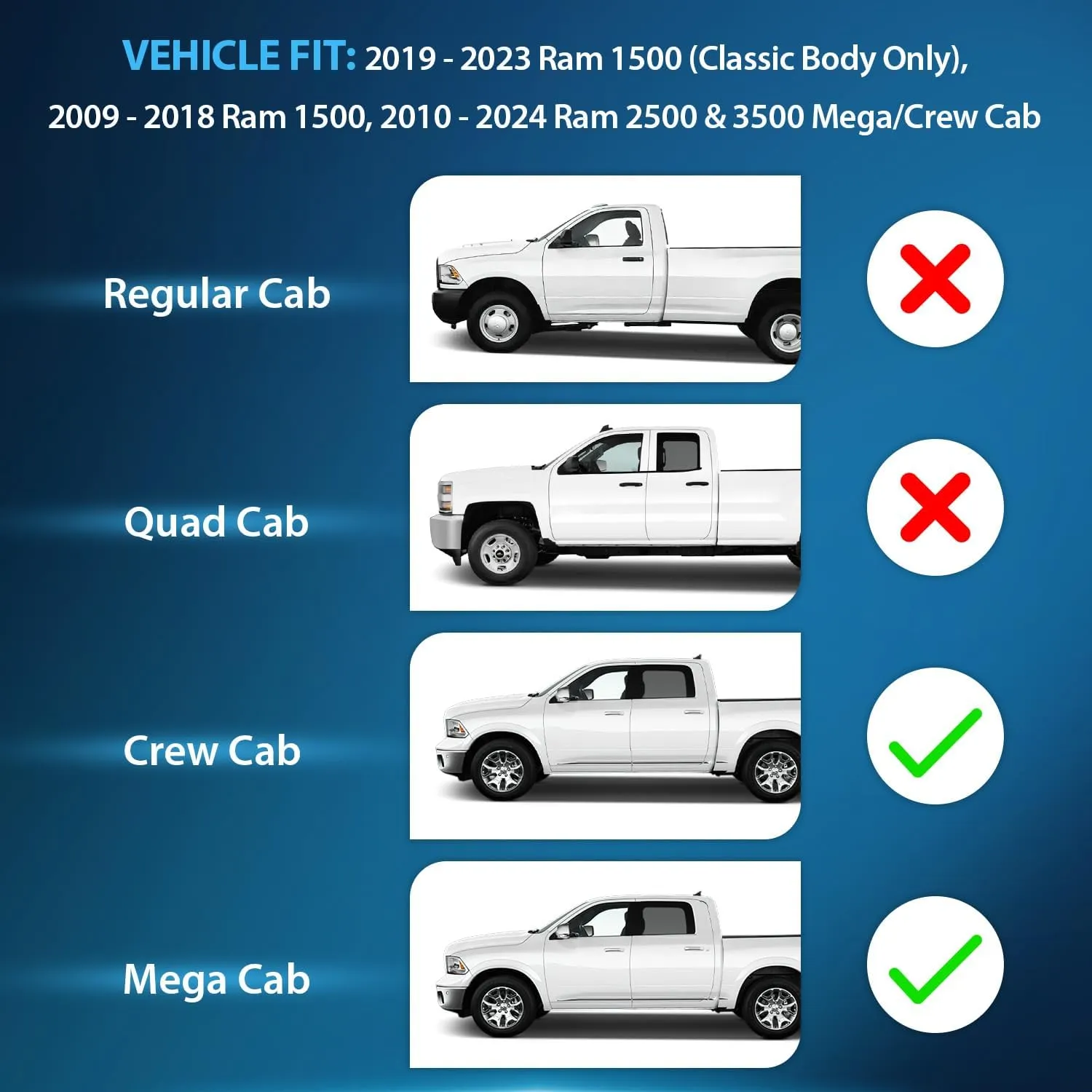 2009-2018 Dodge Ram 1500 Crew Cab 2019-2023 Ram 1500 Classic Body 2010-2024 Ram 2500 3500 Mega Crew Cabs Rain Guards Acrylic 4Pcs