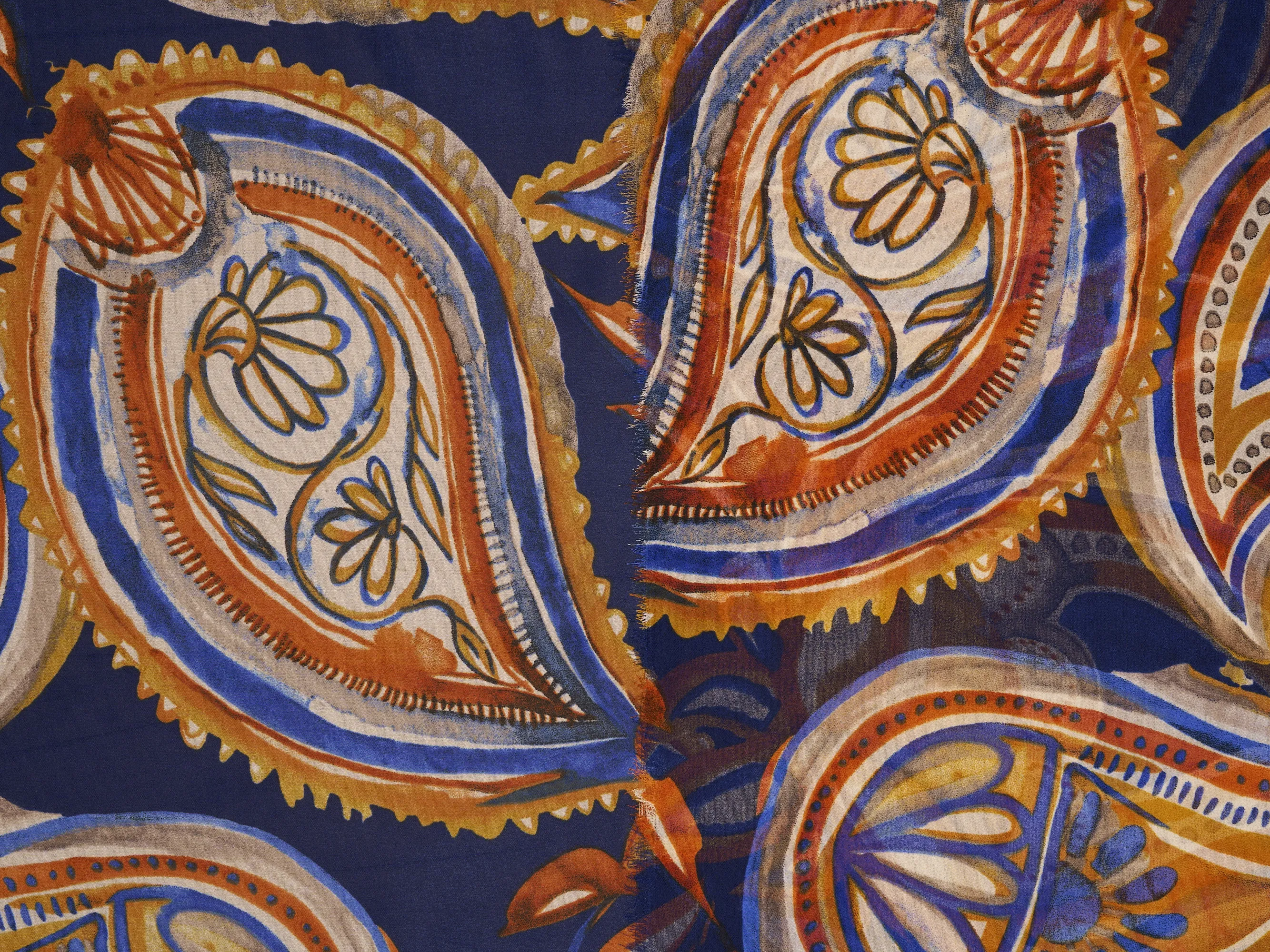 Chiffon fabric by the yard - Blue Mustard  orange paisley  print