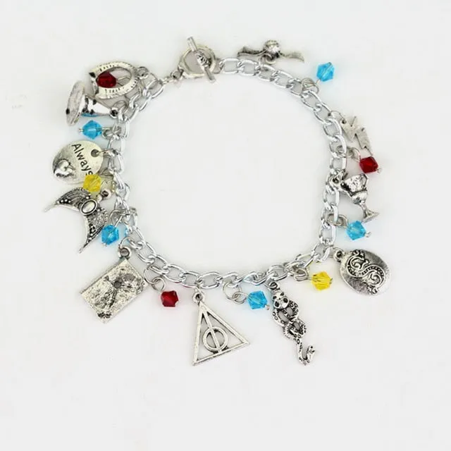 Movie HP Potter Deathly Hallows Bracelet Time Turner Hogwarts School Logo Bangles Bracelets for Women Men Jewelry Gift