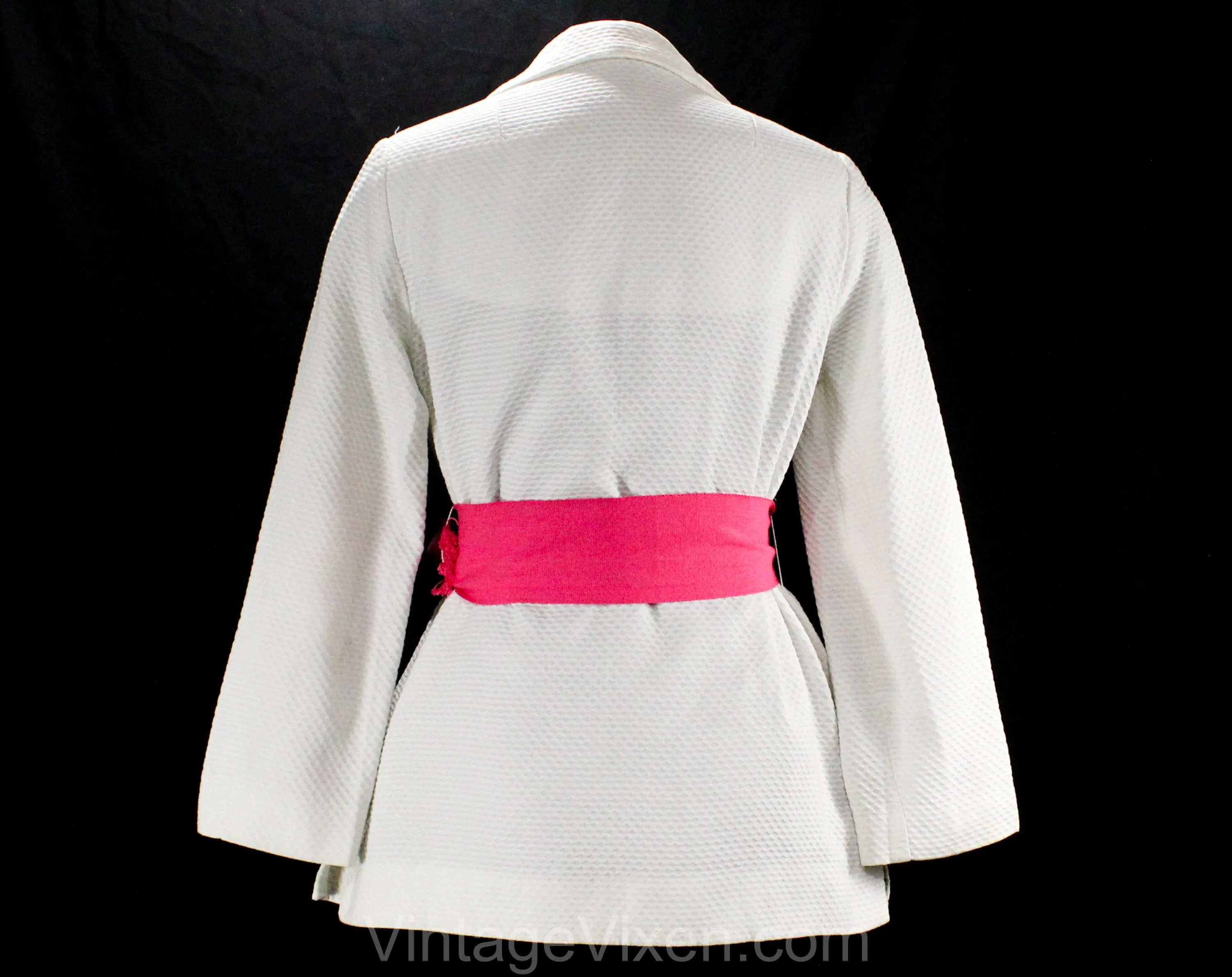 Size 10 White Cotton Jacket & 2 Belts - Pink and Turquoise - 60s Tropical Summer Resort Style - Waffle Cotton Beach Cover Up - Bust 37