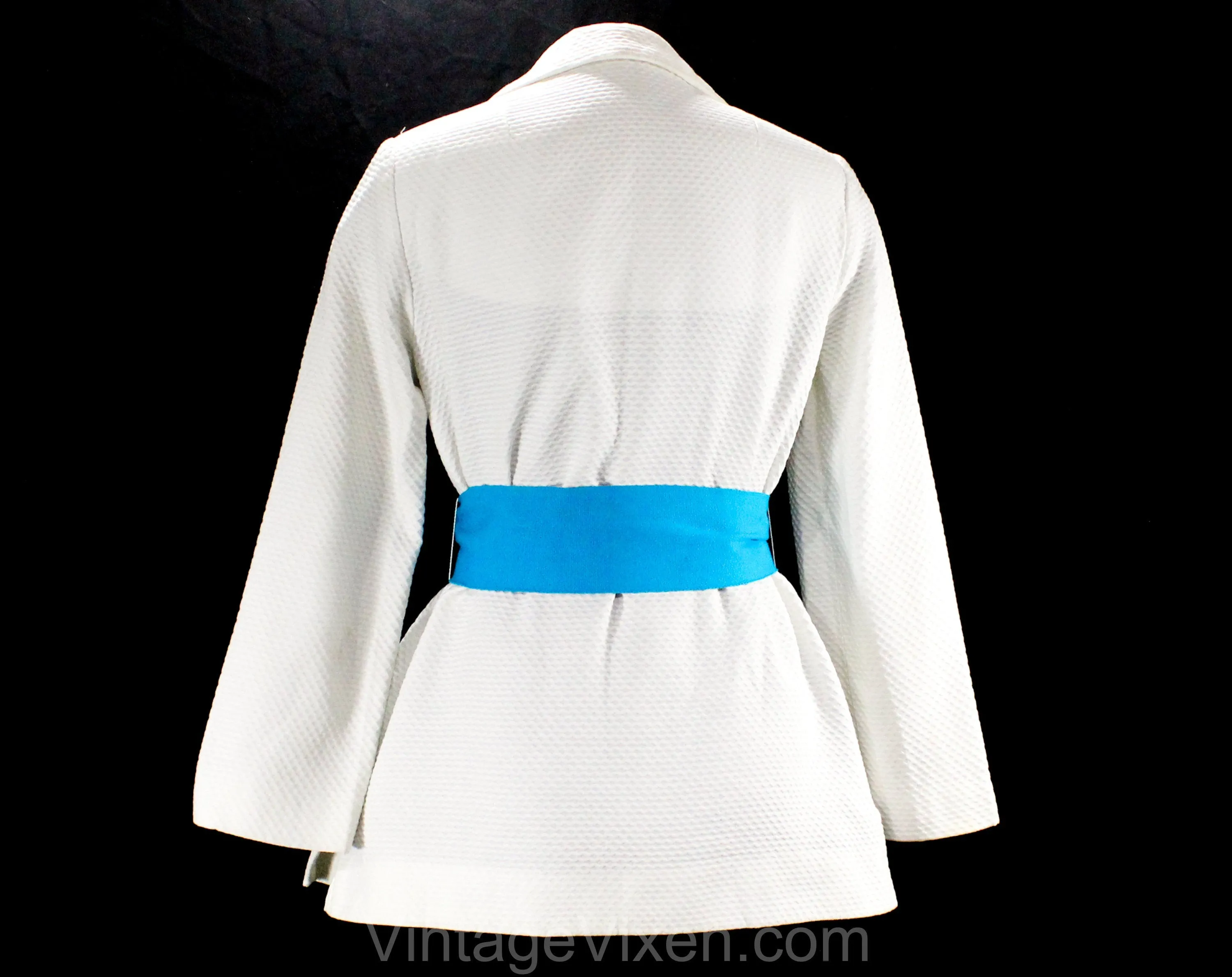 Size 10 White Cotton Jacket & 2 Belts - Pink and Turquoise - 60s Tropical Summer Resort Style - Waffle Cotton Beach Cover Up - Bust 37