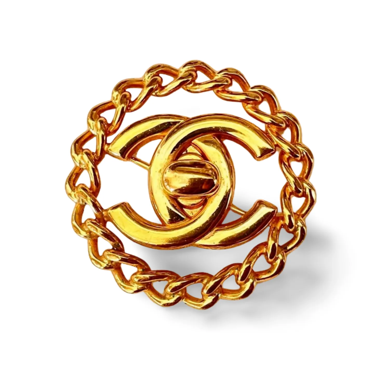 Vintage CHANEL golden chain frame turn lock CC pin brooch. Gorgeous jewelry. Coco mark brooch. 061015ac1