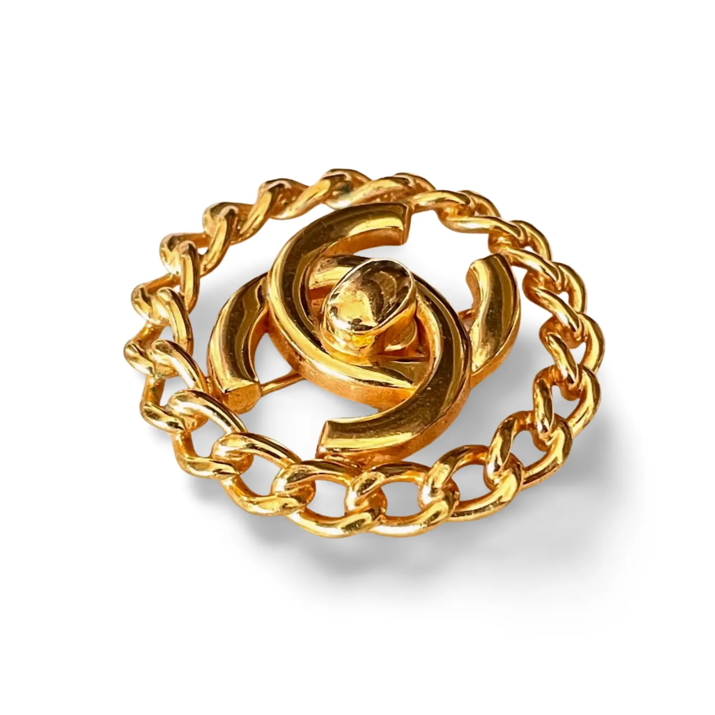 Vintage CHANEL golden chain frame turn lock CC pin brooch. Gorgeous jewelry. Coco mark brooch. 061015ac1