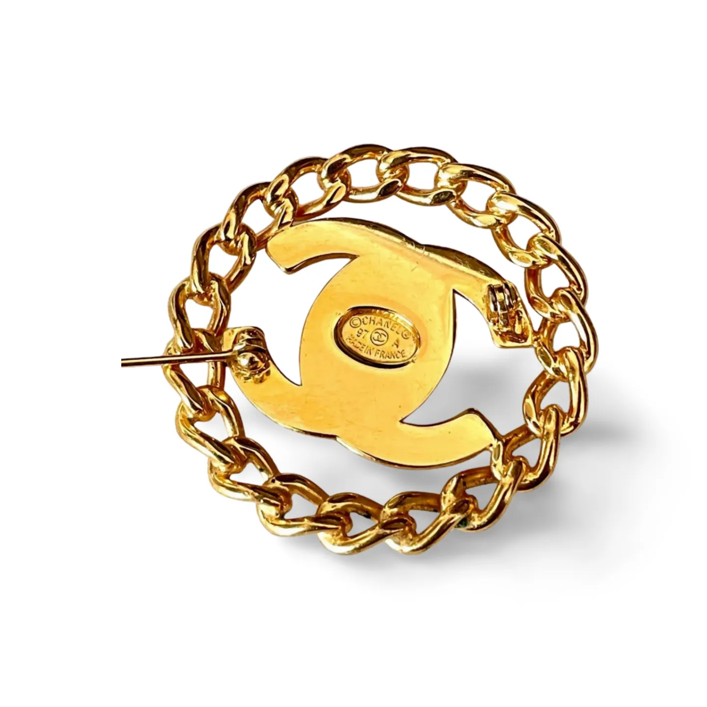 Vintage CHANEL golden chain frame turn lock CC pin brooch. Gorgeous jewelry. Coco mark brooch. 061015ac1